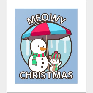 MEOWY CHRISTMAS SNOWMAN AND LITTLE CAT Posters and Art